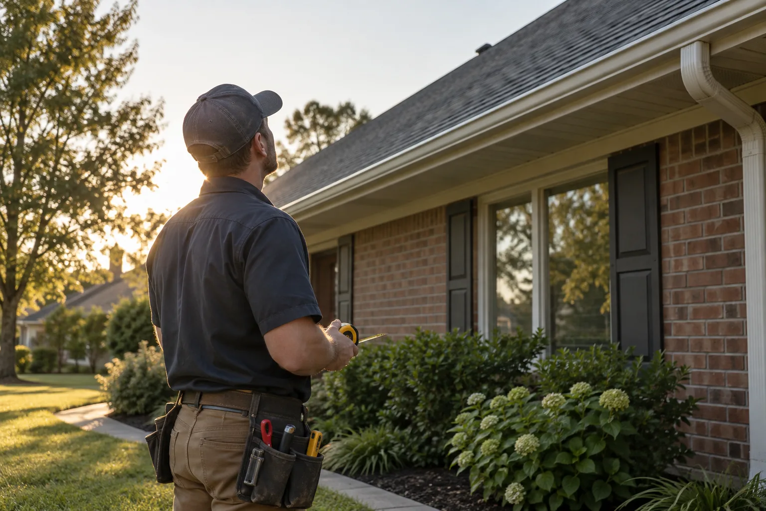 Illustration of a backlit roofer looking up at the roof edge of a brick home